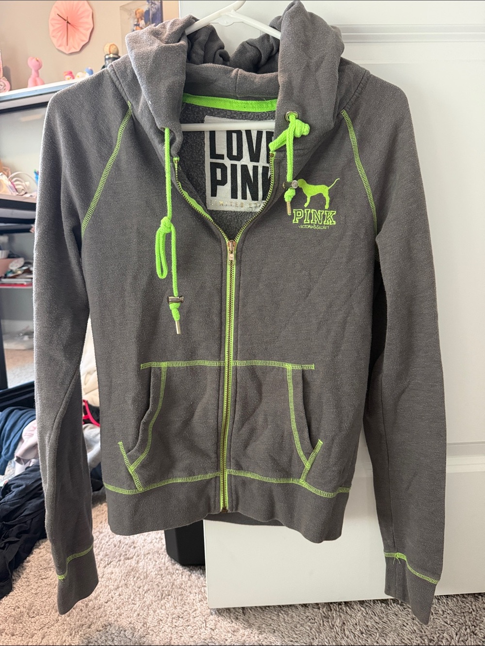 PINK Victoria's Secret Gray Hoodie with Neon Green Trim
